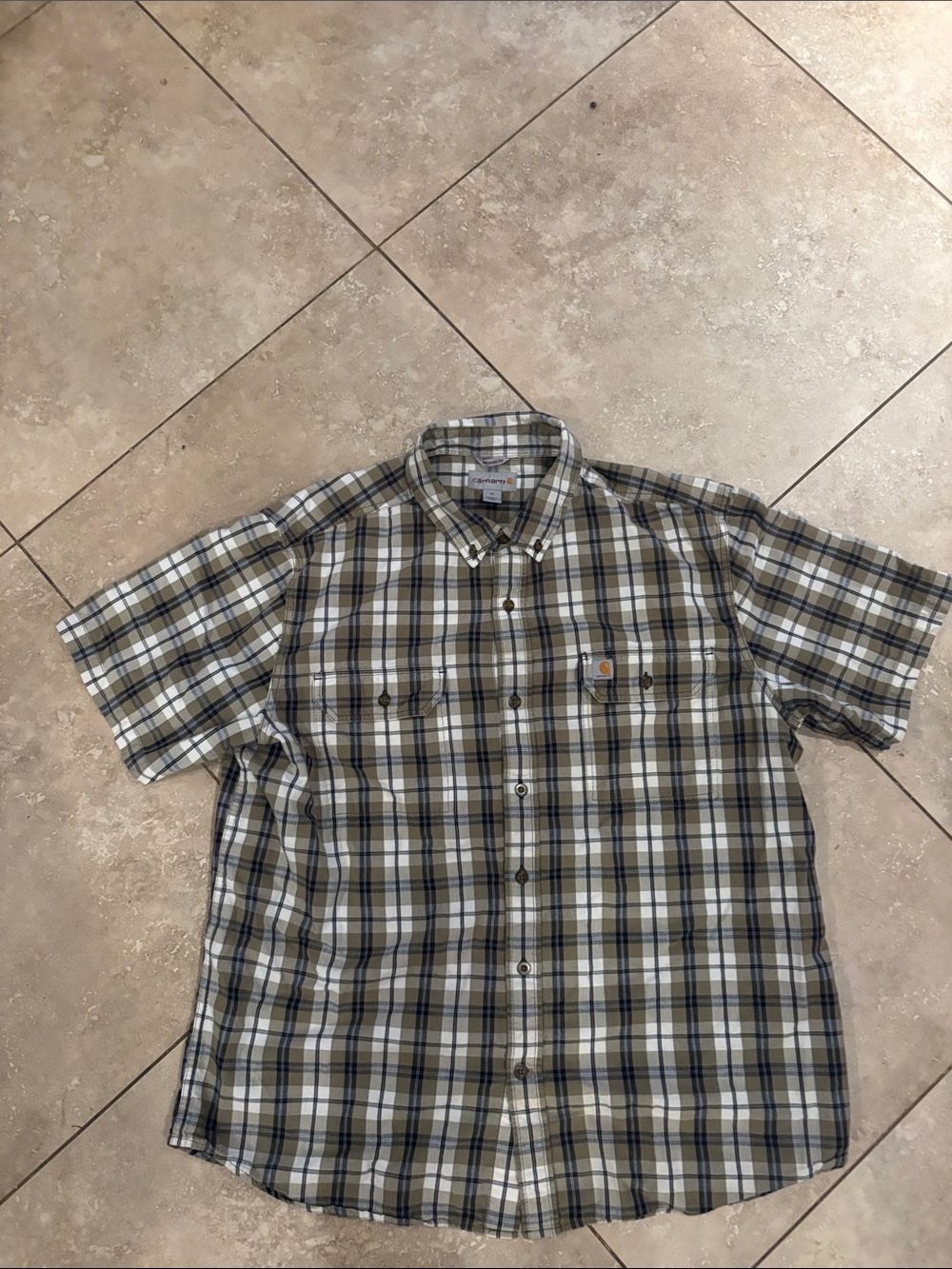 Carhartt Olive, White & Navy Plaid Short-Sleeve Button-Down Shirt
